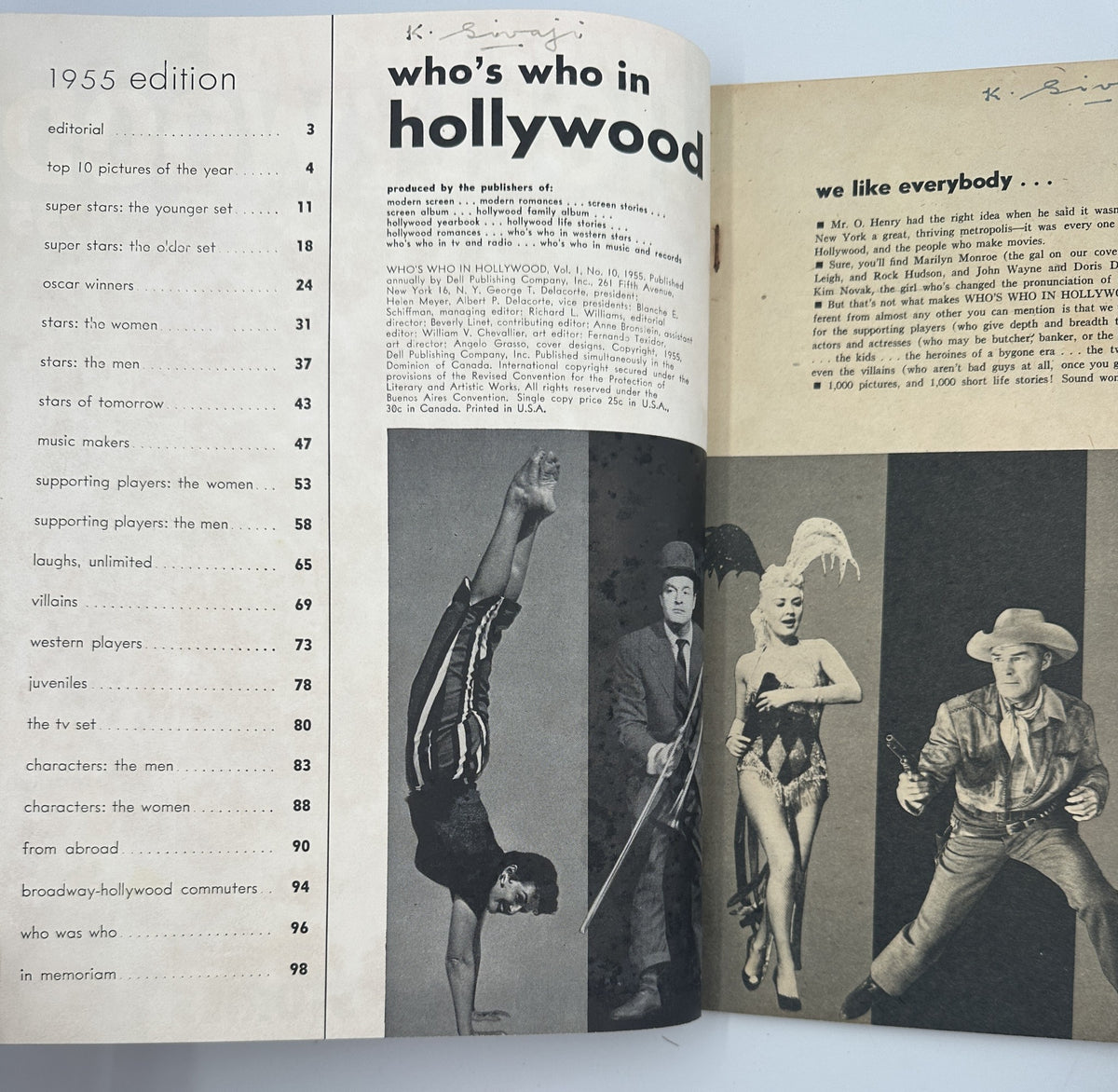 Inside spread of Who’s Who in Hollywood Magazine 1955 showcasing the editorial section and contents list including top pictures and notable stars, alongside a vintage graphic layout.