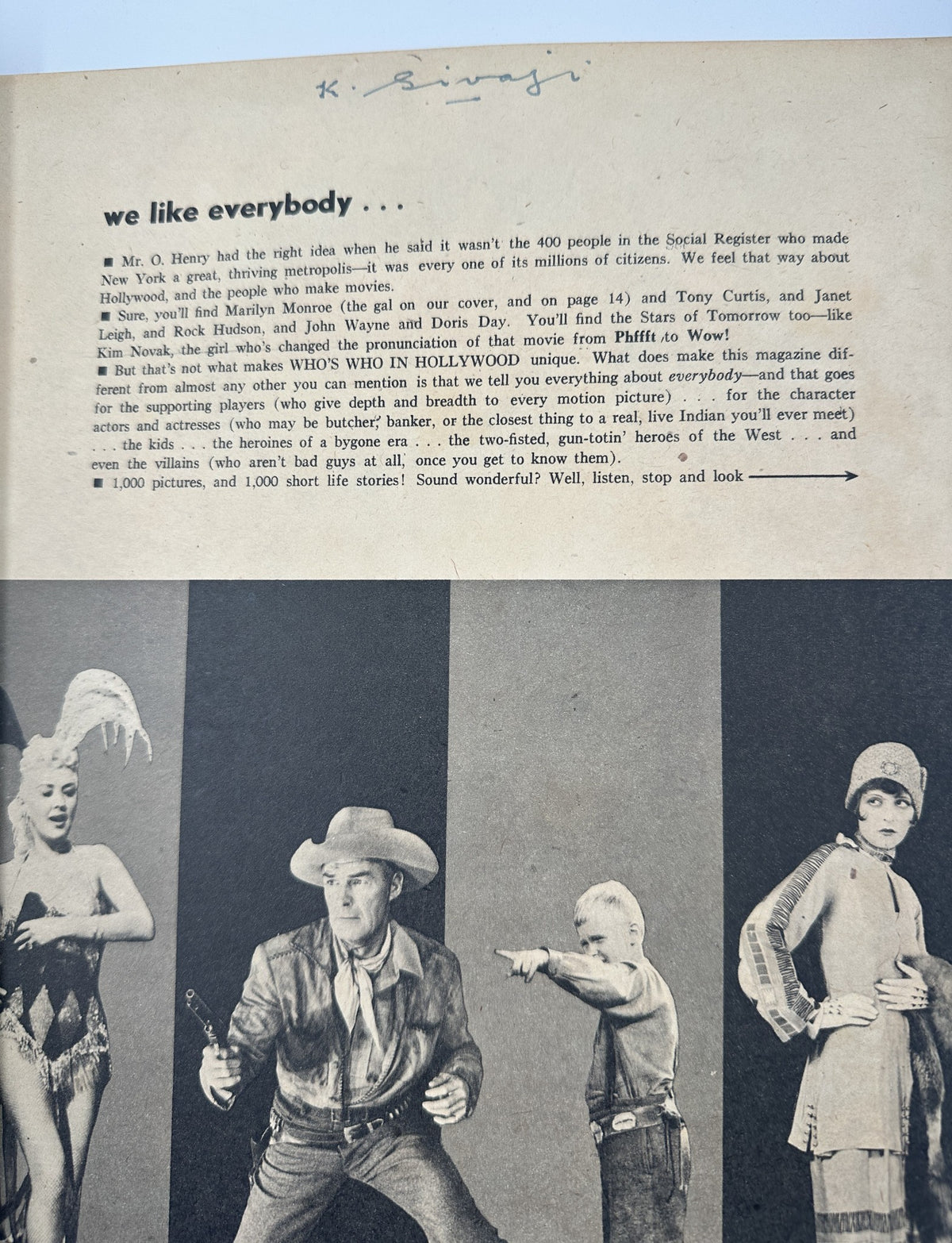 Text page from Who’s Who in Hollywood Magazine 1955 emphasizing inclusivity in Hollywood with a tribute to diverse talent featured in the magazine, set against a vintage photo backdrop.