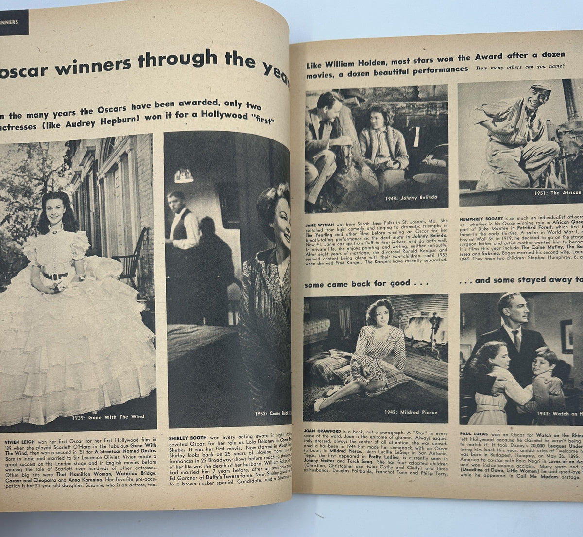 Feature page from Who’s Who in Hollywood Magazine 1955 discussing Oscar winners over the years with images of celebrated actresses and actors, reflecting on their impact in cinema.