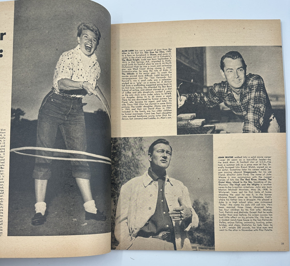 Vintage image from Who’s Who in Hollywood Magazine 1955 featuring a hula hoop dancer and actor John Wayne in casual attire. Highlights classic Hollywood culture and personalities.