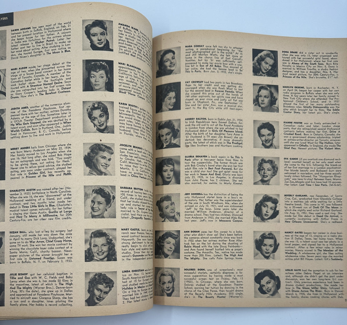 Page from Who’s Who in Hollywood Magazine 1955 displaying headshots and brief profiles of various actresses and actors, showcasing prominent figures from mid-20th century Hollywood.