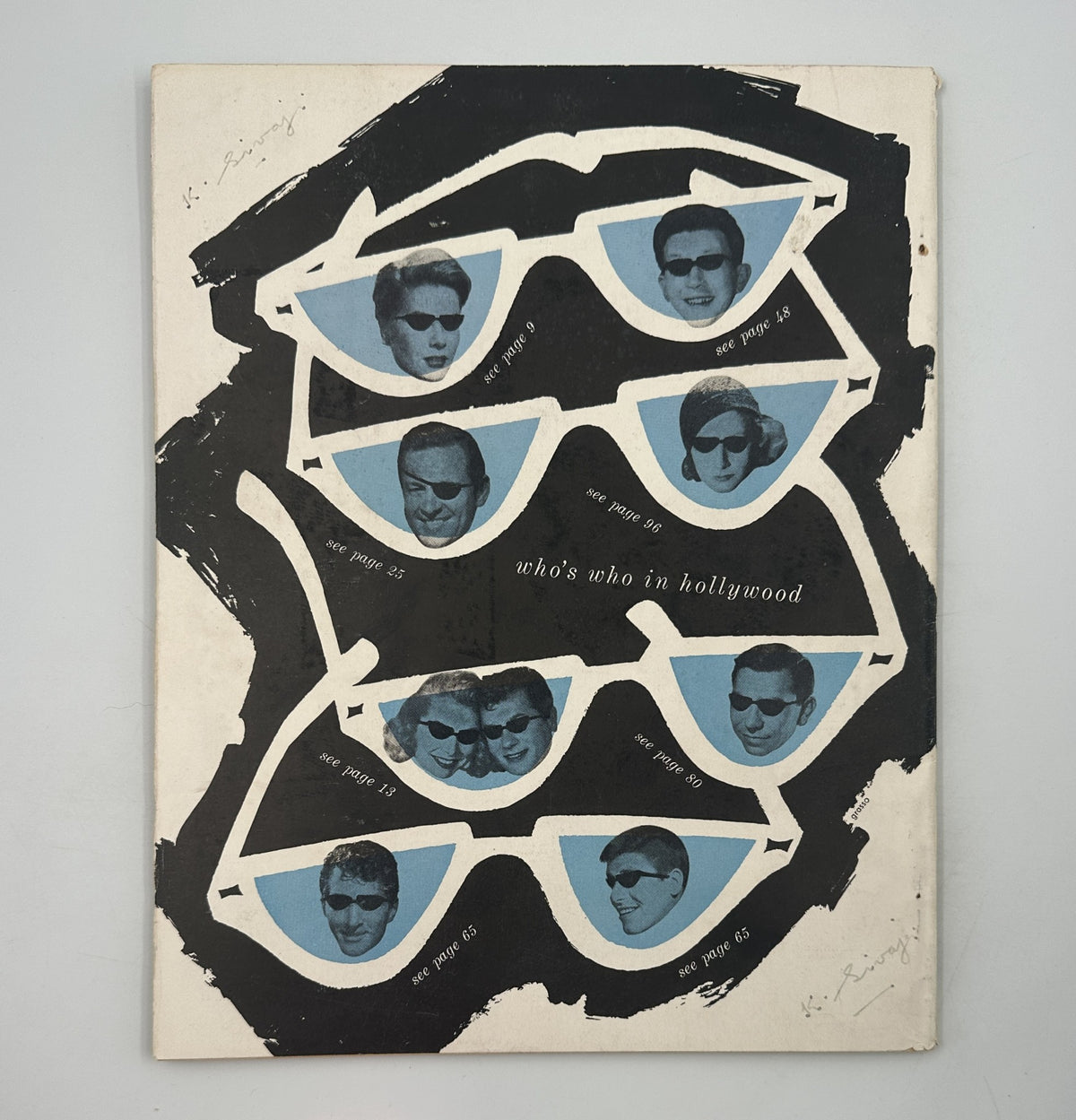 Cover of Who’s Who in Hollywood Magazine 1955 featuring a creative design of sunglasses with images of famous stars, representing iconic Hollywood personas of the era.