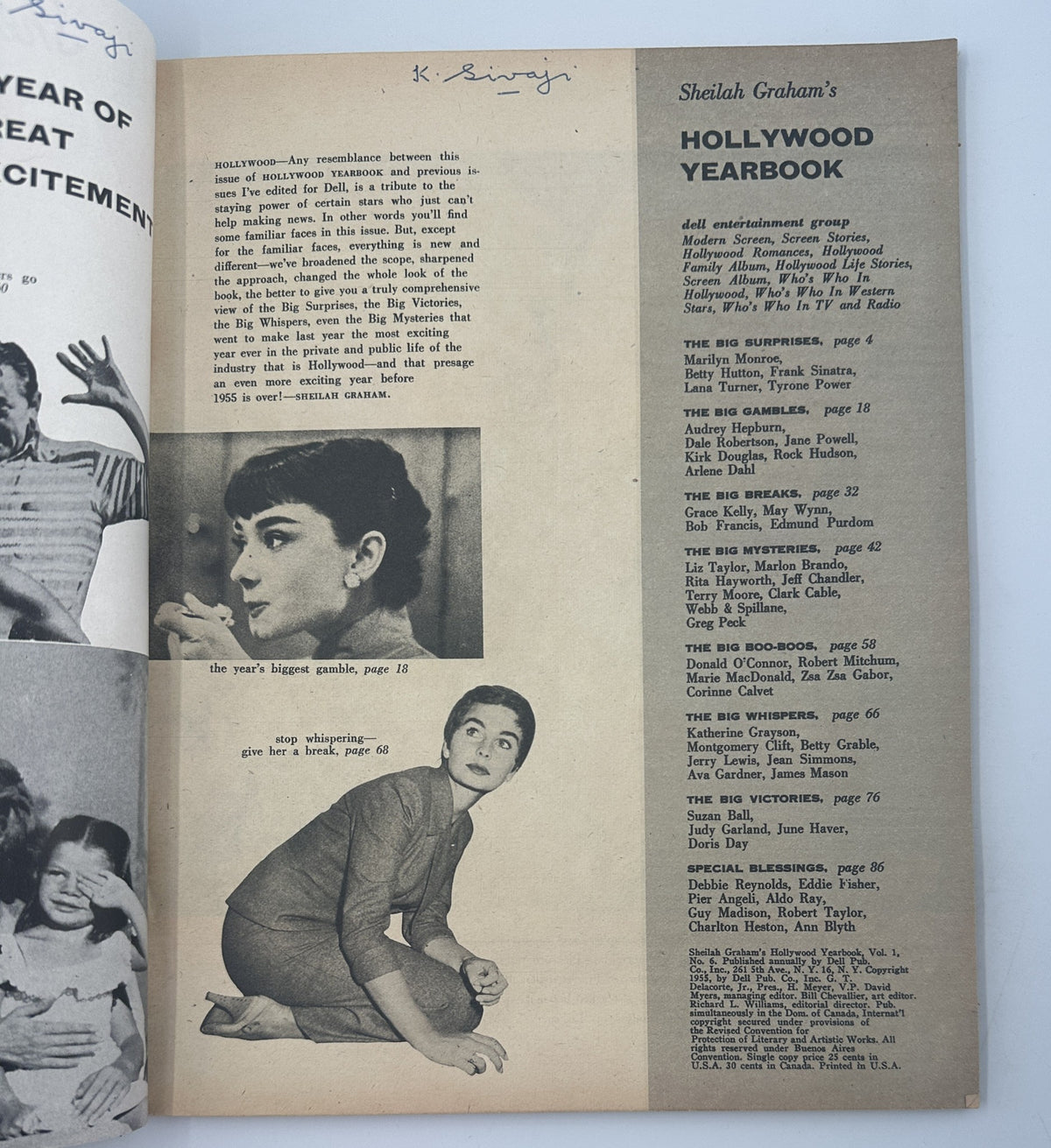 Inside page of Sheilah Graham's Hollywood Yearbook Magazine 1955, presenting a table of contents with featured celebrities like Audrey Hepburn and Marilyn Monroe.
