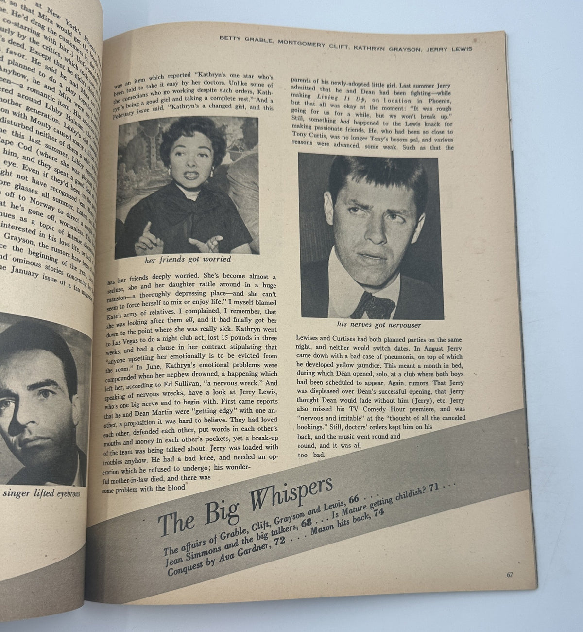 Inside Sheilah Graham's Hollywood Yearbook Magazine 1955 highlighting Betty Grable, Montgomery Clift, and Kathryn Grayson, reflecting the era's entertainment scene.
