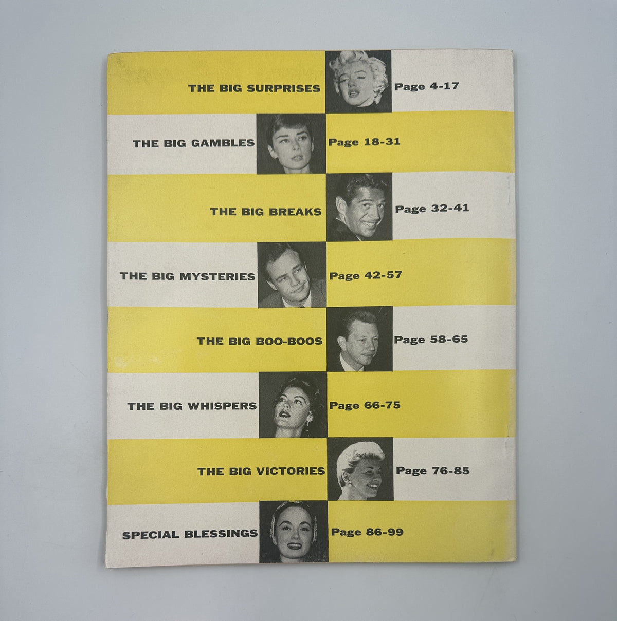 Back cover of Sheilah Graham's Hollywood Yearbook Magazine 1955, listing magazine content including 'The Big Surprises' and 'The Big Mysteries'.