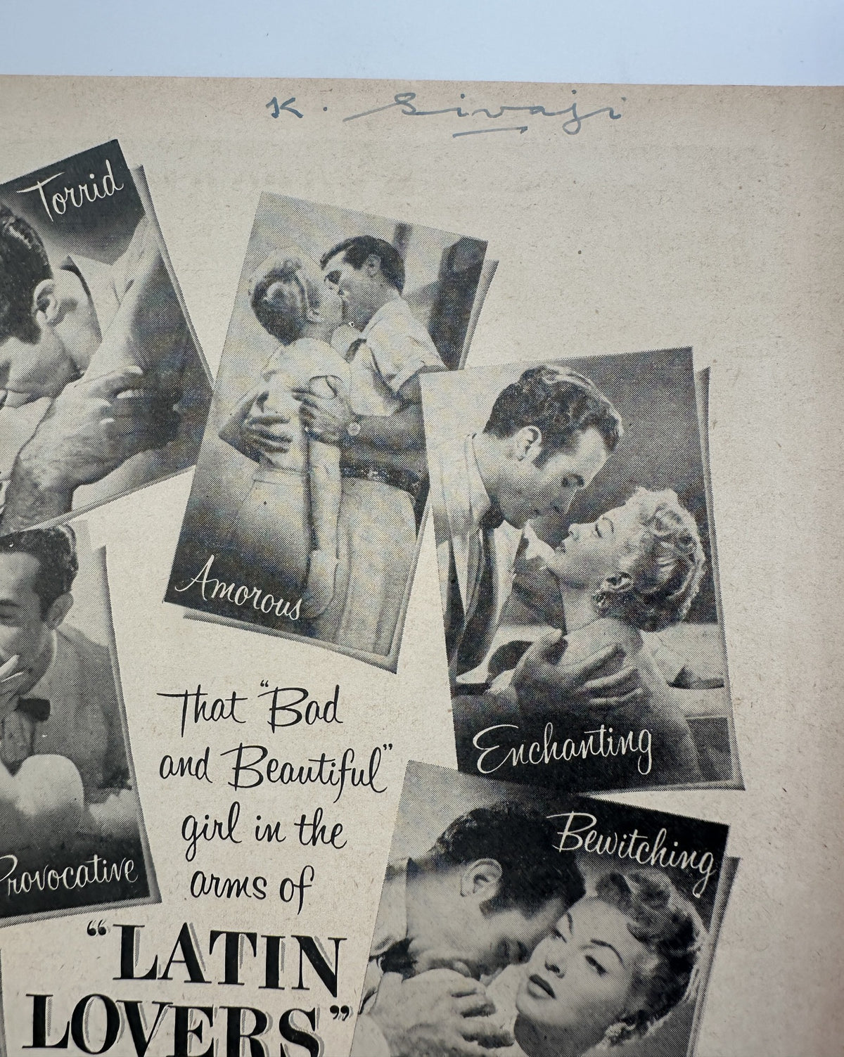 Close-up of the advertisement in Screen Stories Magazine September 1953 featuring images labeled 'Latin Lovers' with a focus on romance and allure.