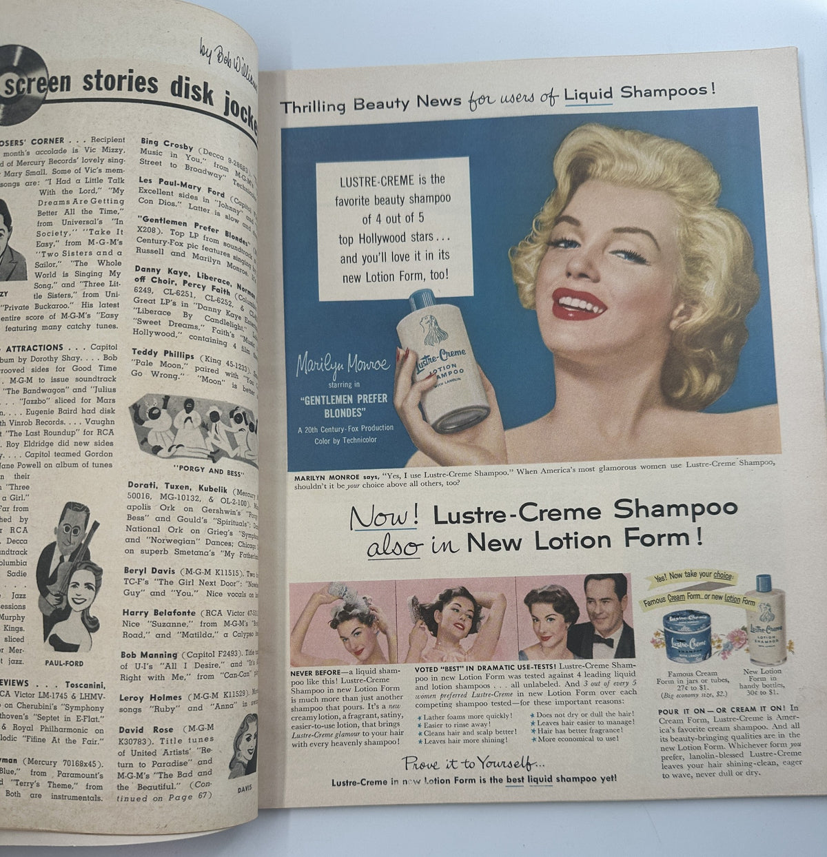 Advertisement in Screen Stories Magazine September 1953 showcasing Marilyn Monroe promoting Lustre-Creme shampoo, highlighting Hollywood beauty trends.