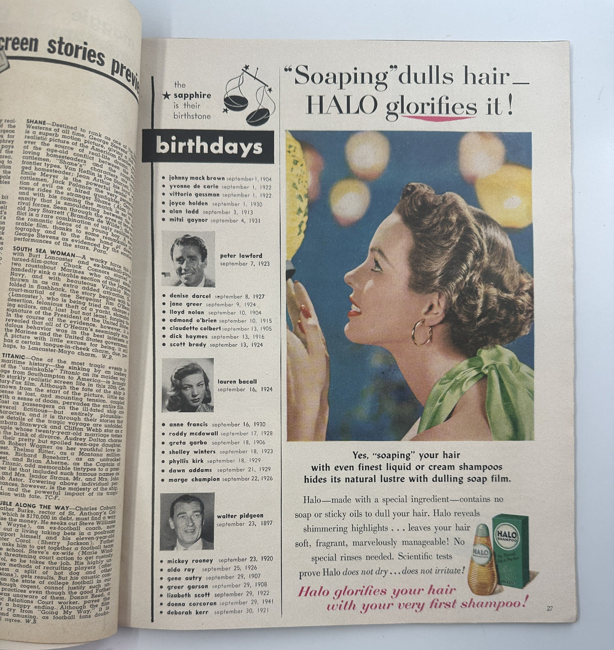 Birthday announcements page in Screen Stories Magazine September 1953, featuring actress Joan Crawford and various celebrities, celebrating their birthdays.