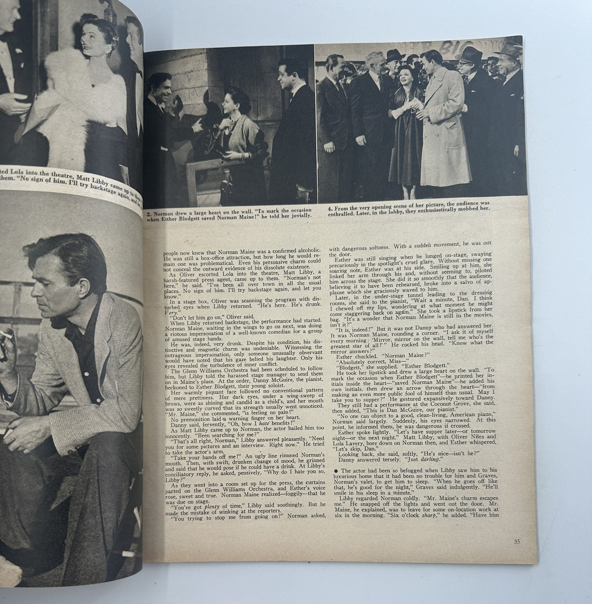 Another interior page of Screen Stories Magazine August 1954, revealing an article layout with images and text discussing film stars and their movies.