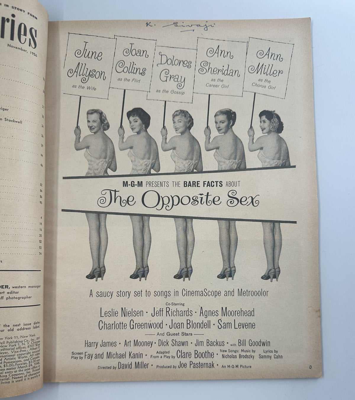 Cover page of Screen Stories Magazine November 1956 featuring a promotional ad for the movie 'The Opposite Sex', showcasing actresses June Allyson, Joan Collins, Dolores Gray, Ann Sheridan, and Ann Miller.