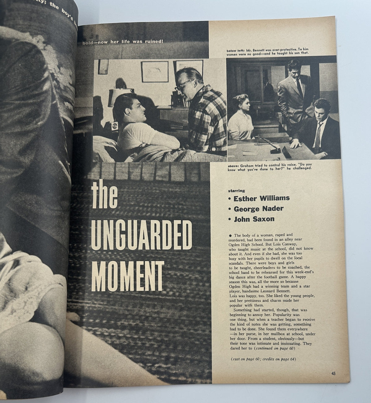 Page from Screen Stories Magazine November 1956 displaying a scene from the film 'The Unguarded Moment', featuring actors Esther Williams, George Nader, and John Saxon.