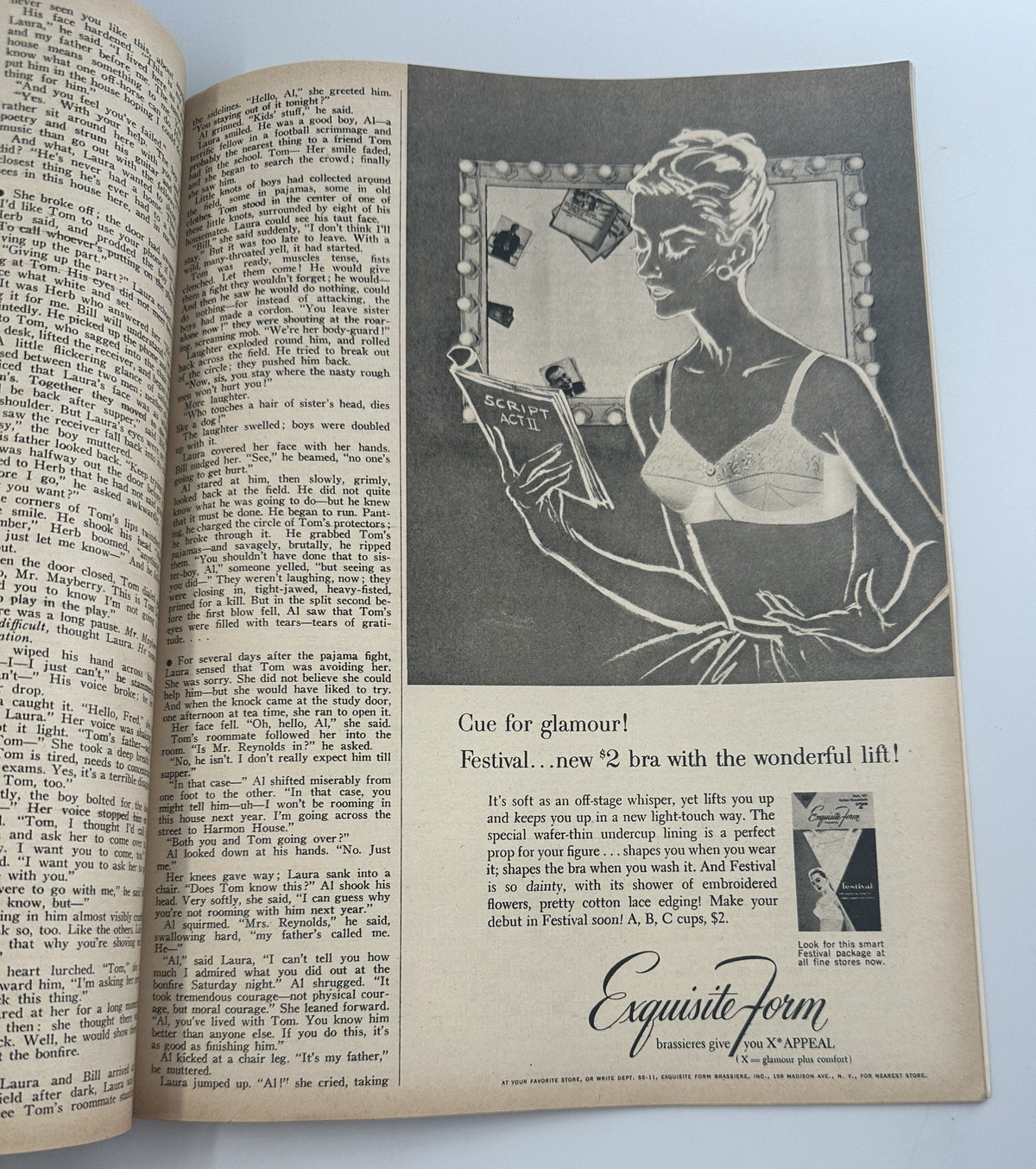 Advertisement in Screen Stories Magazine November 1956 promoting a new bra product, illustrated with a glamorous figure reading a magazine, emphasizing fashion and beauty.