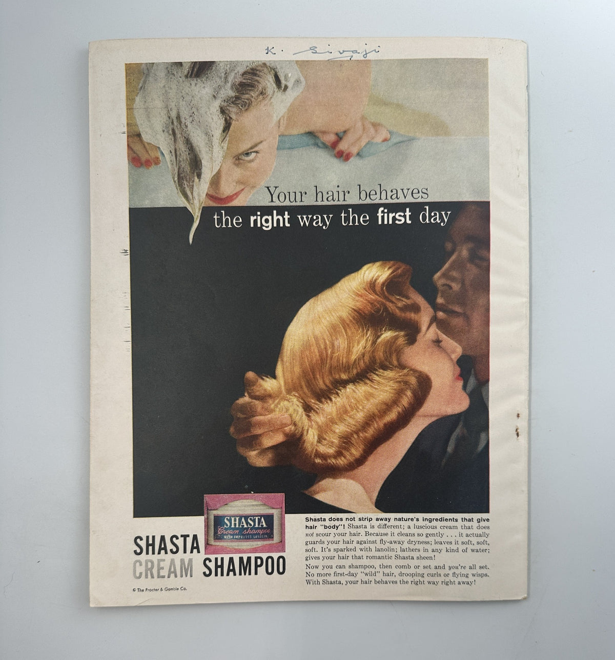 Page from Screen Stories Magazine November 1956 featuring a fashion and hair care advertisement promoting Shasta Cream Shampoo, highlighting glamorous hairstyles.