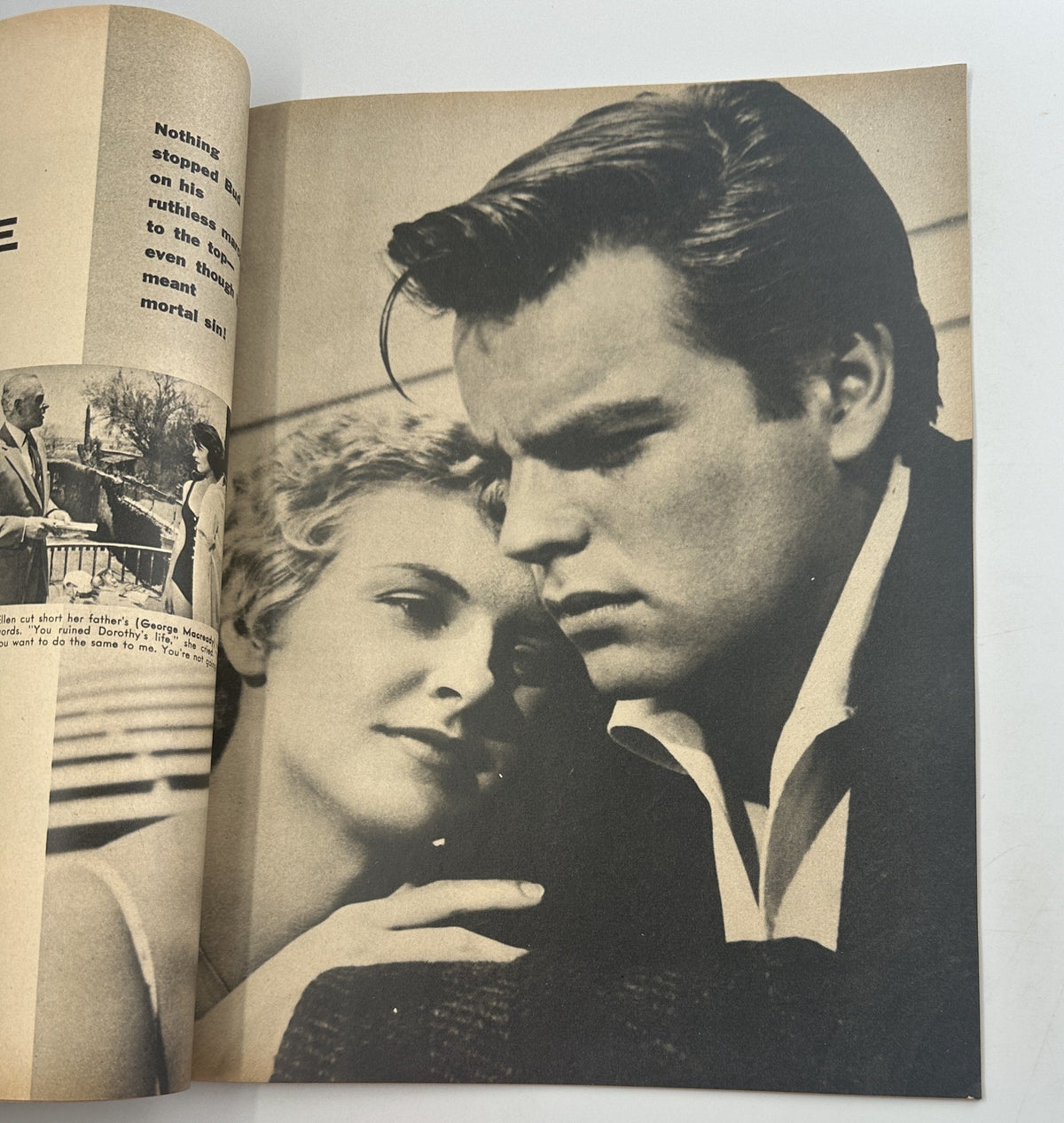 Interior photo from Screen Stories Magazine July 1956 depicting a romantic scene involving two characters, highlighting the magazine's cinematic content.