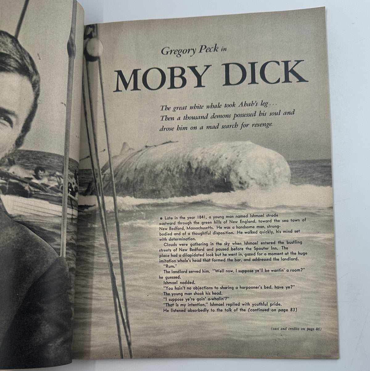Interior page of Screen Stories Magazine July 1956 featuring content about Gregory Peck in 'Moby Dick', with an intriguing description of the storyline.