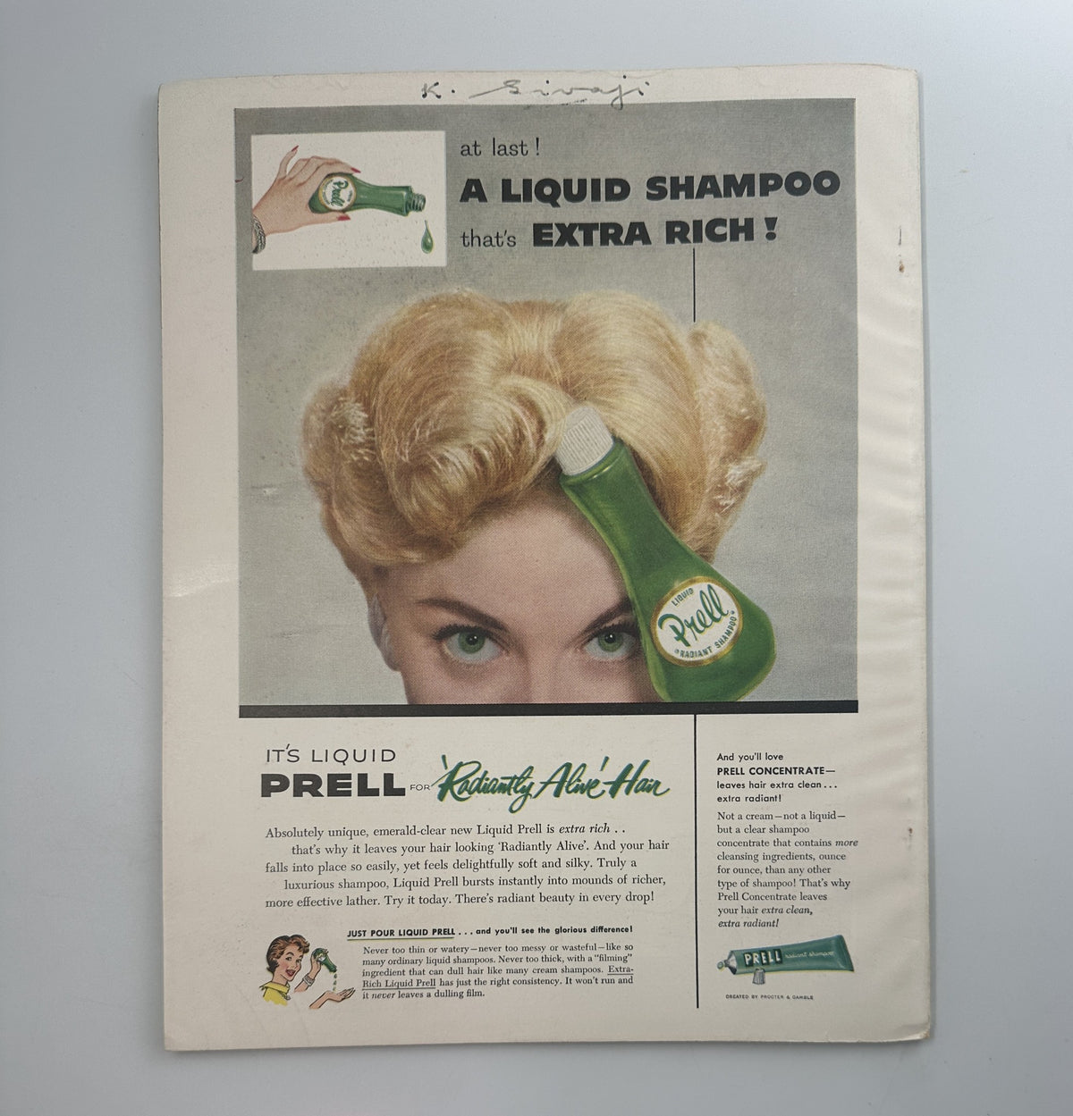 Retro advertisement for Prell Liquid Shampoo showcasing a woman with styled blonde hair. The text reads 'at last! A LIQUID SHAMPOO that's EXTRA RICH!' from the Screen Stories Magazine July 1956.