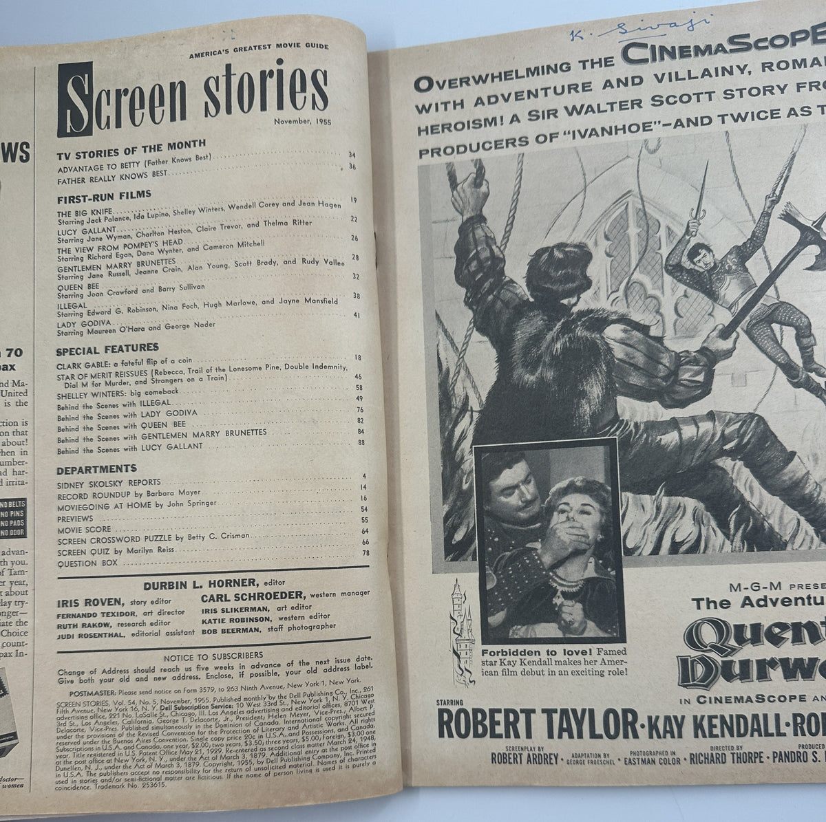 Inside spread of Screen Stories Magazine November 1955 displaying the contents page with highlights of TV stories and first-run films.