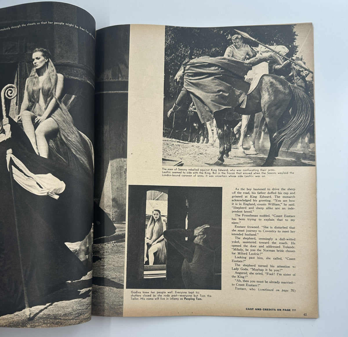 Interior page of Screen Stories Magazine November 1955 showing cinematic scenes, emphasizing the glamour of classic films.