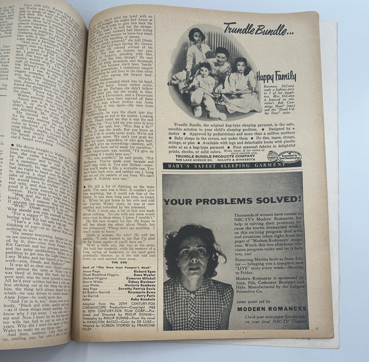 Screen Stories Magazine November 1955 featuring an advertisement for Trundle Bundle baby garments and another ad for Modern Romances, showcasing vintage magazine content.