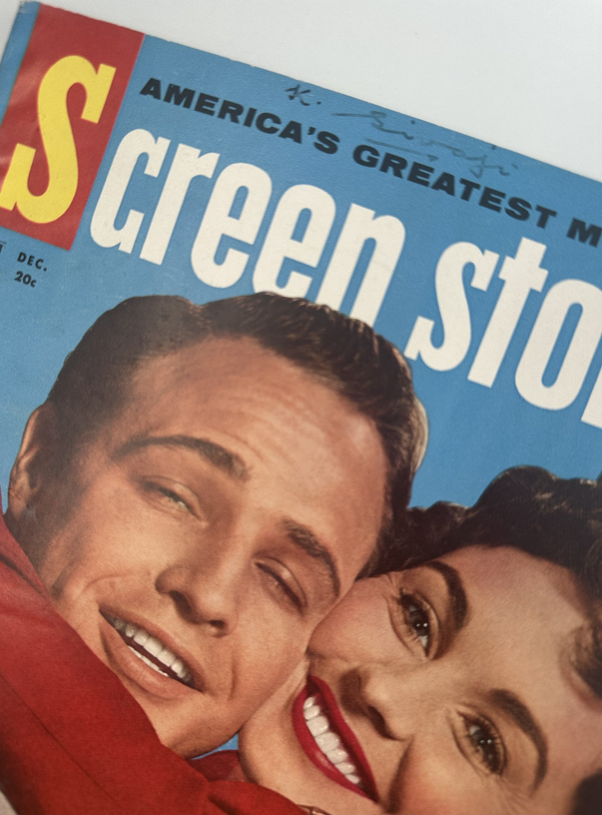 Close-up of the Screen Stories Magazine cover from December 1955, highlighting Marlon Brando and Jean Simmons, stars of Guys and Dolls.