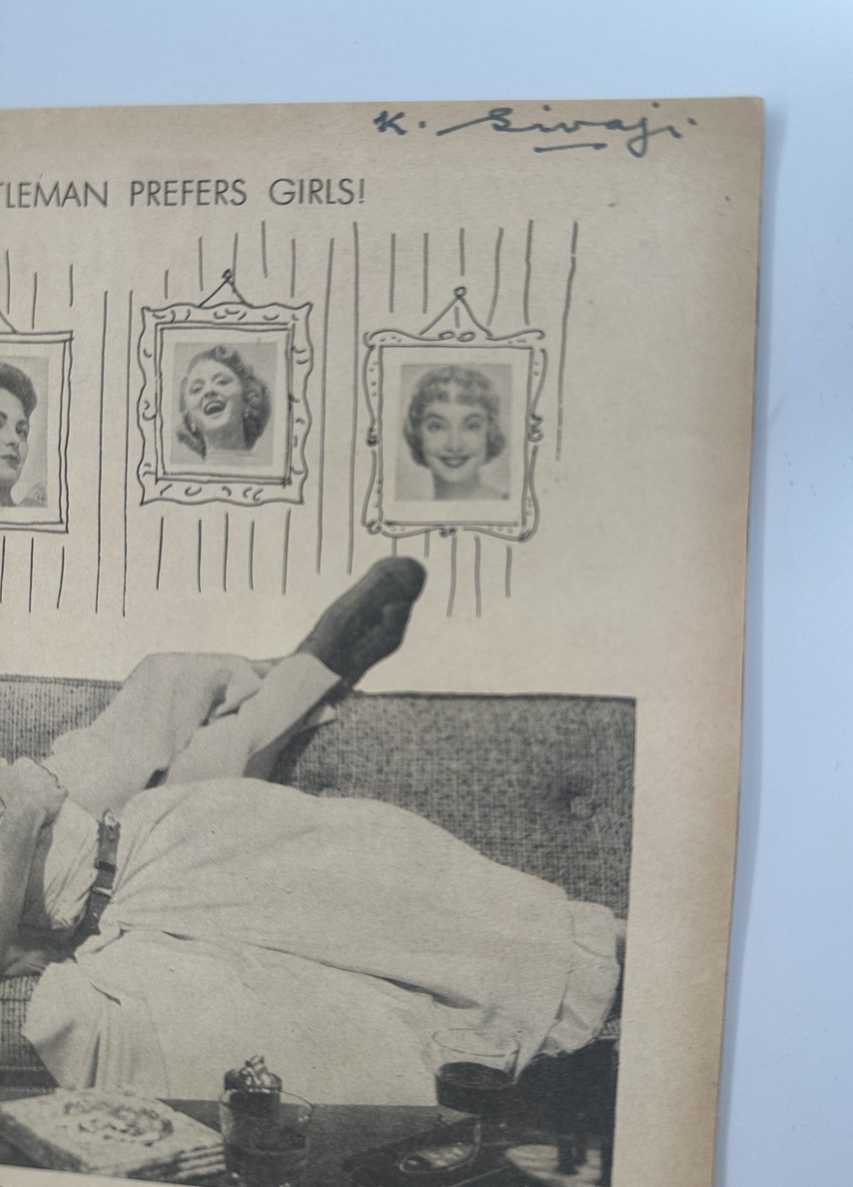 Screen Stories Magazine December 1955 featuring a humorous illustration titled 'Gentleman Prefers Girls!' showing a man lounging with photos of women on the wall.