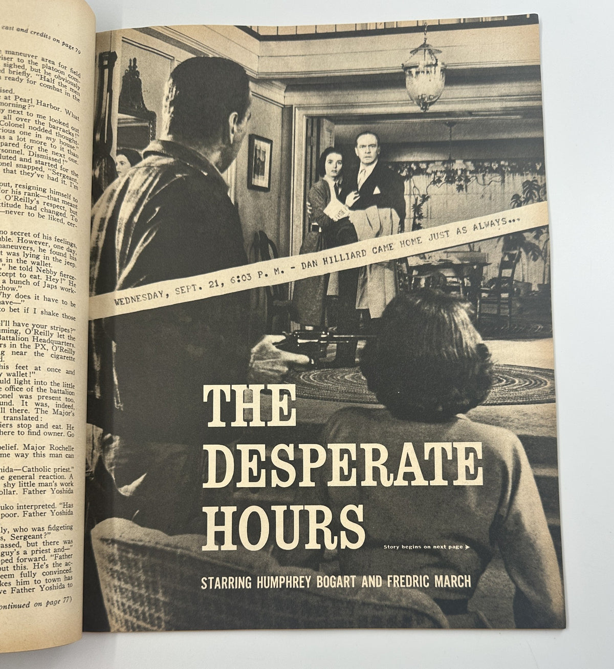 Screen Stories Magazine December 1955 featuring a dramatic page highlighting the film 'The Desperate Hours' starring Humphrey Bogart and Fredric March, with an interior scene.