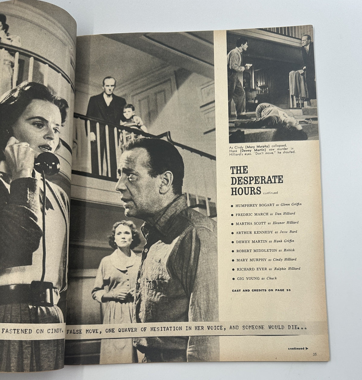 Screen Stories Magazine December 1955 featuring another page about the film 'The Desperate Hours,' showcasing key players including Humphrey Bogart and the plot details.