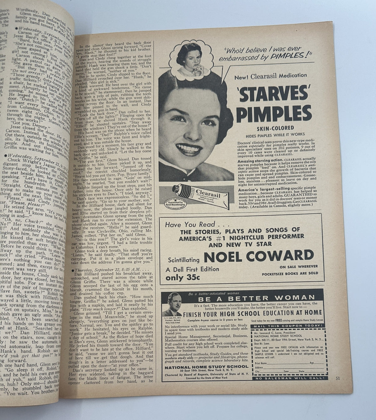 Screen Stories Magazine December 1955 showcasing an advertisement featuring a woman promoting Clearasil, illustrating a vintage skincare product.
