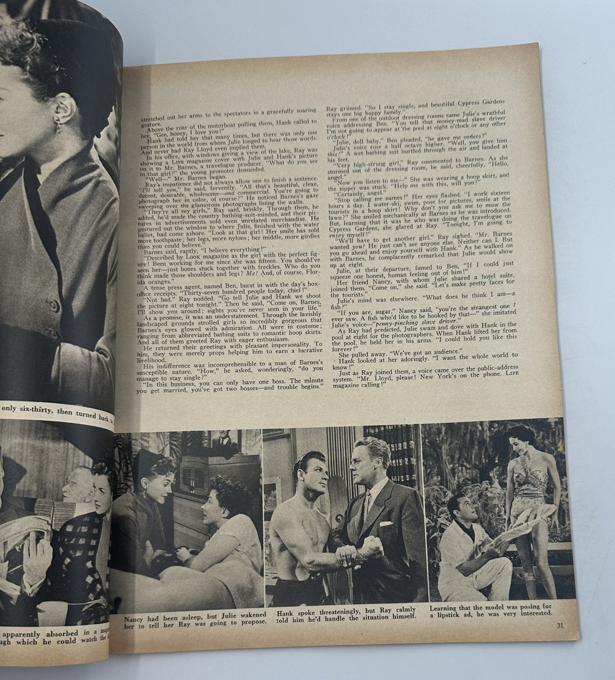 Interior page of Screen Stories Magazine featuring content from the October issue, showcasing film stills and text related to the movie Easy to Love starring Esther Williams.