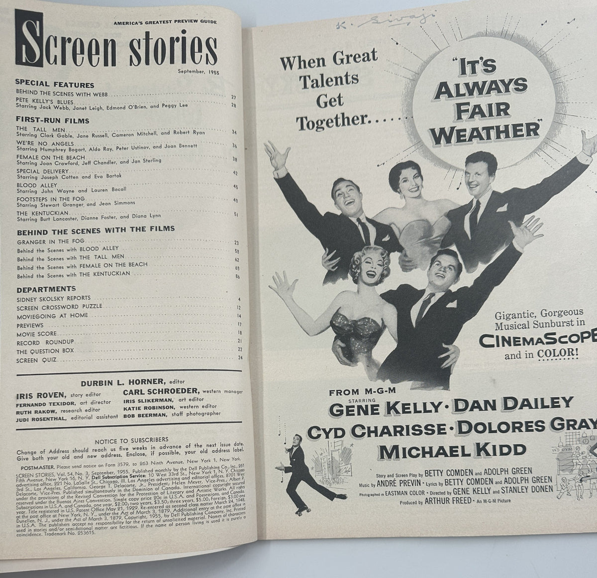 Another interior page of Screen Stories Magazine September 1955 showing the Table of Contents and special features, highlighting film details including the musical It's Always Fair Weather.
