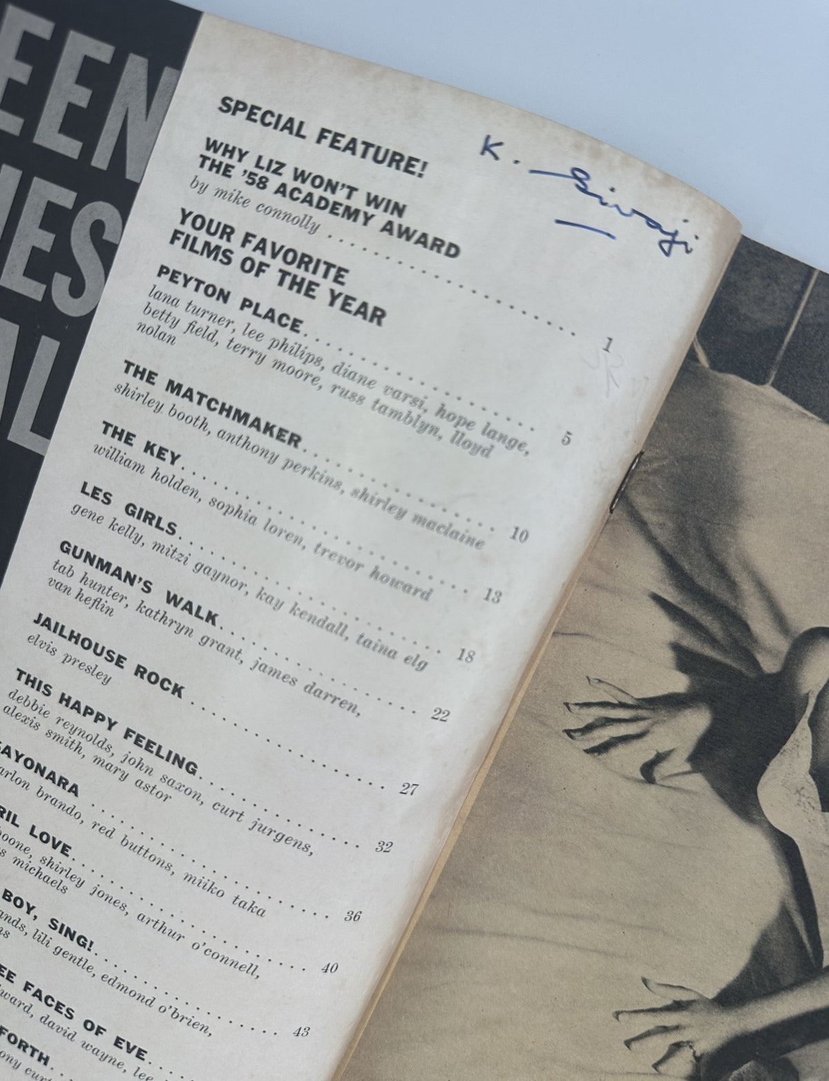 Close-up of the Table of Contents from Screen Stories Magazine Annual, highlighting film titles and articles, including Jailhouse Rock and other classics, with handwritten notes.