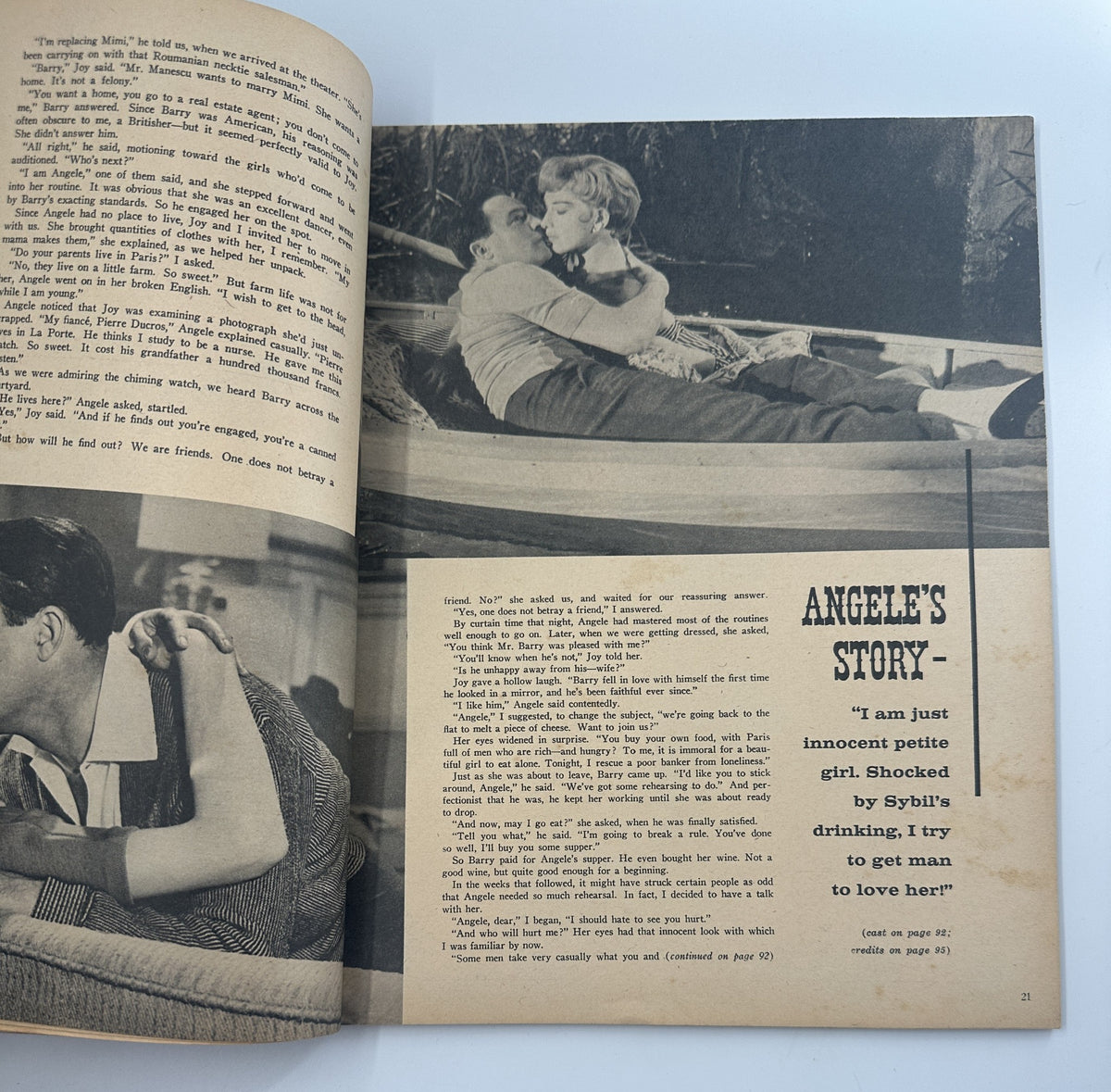 Inside page of Screen Stories Magazine Annual depicting a romantic moment between characters, illustrating the emotional depth often explored in classic cinema.