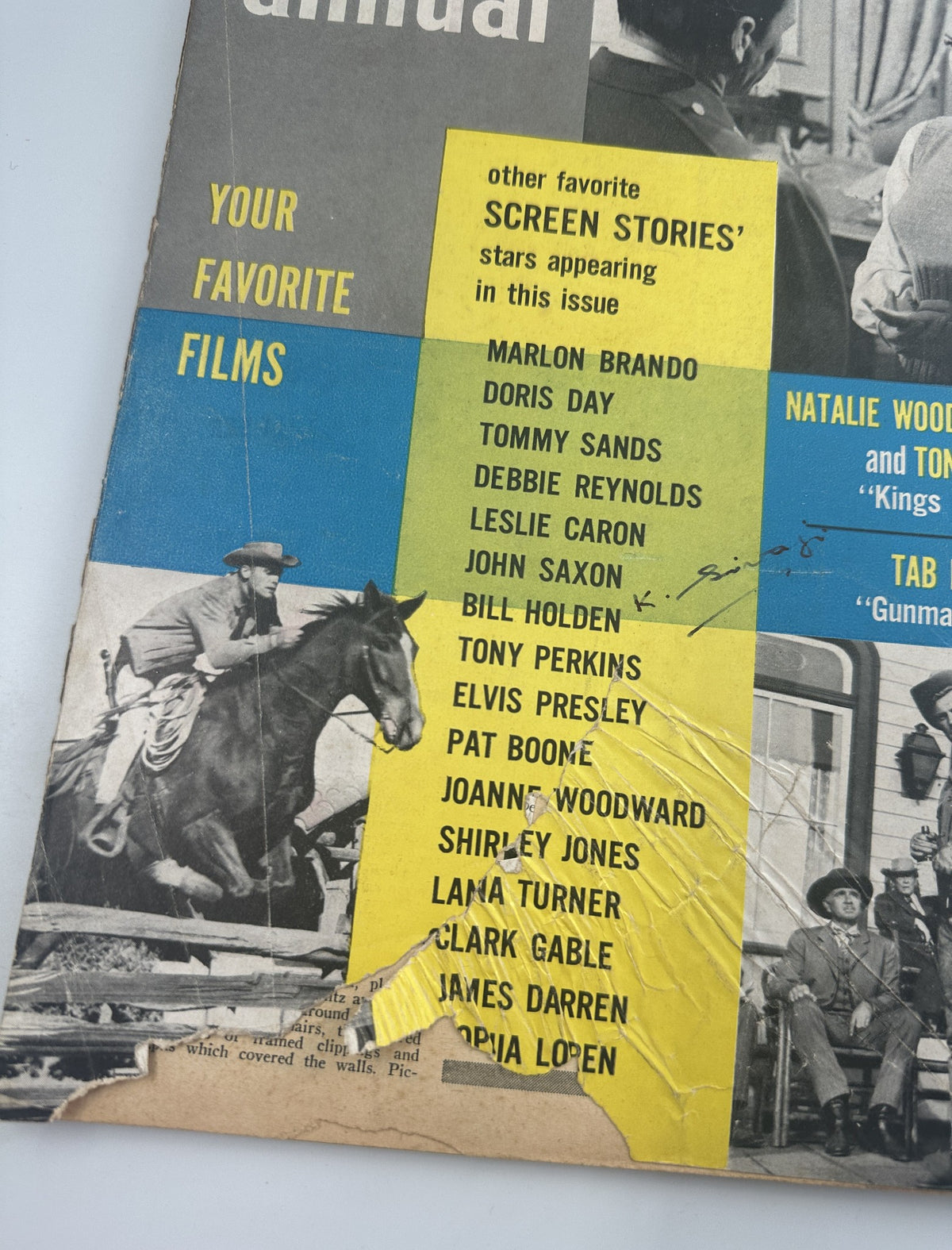 Cover of Screen Stories Magazine Annual with featured stars including Elvis Presley, highlighting popular films of the time, noted for its significant wear and graphic design.