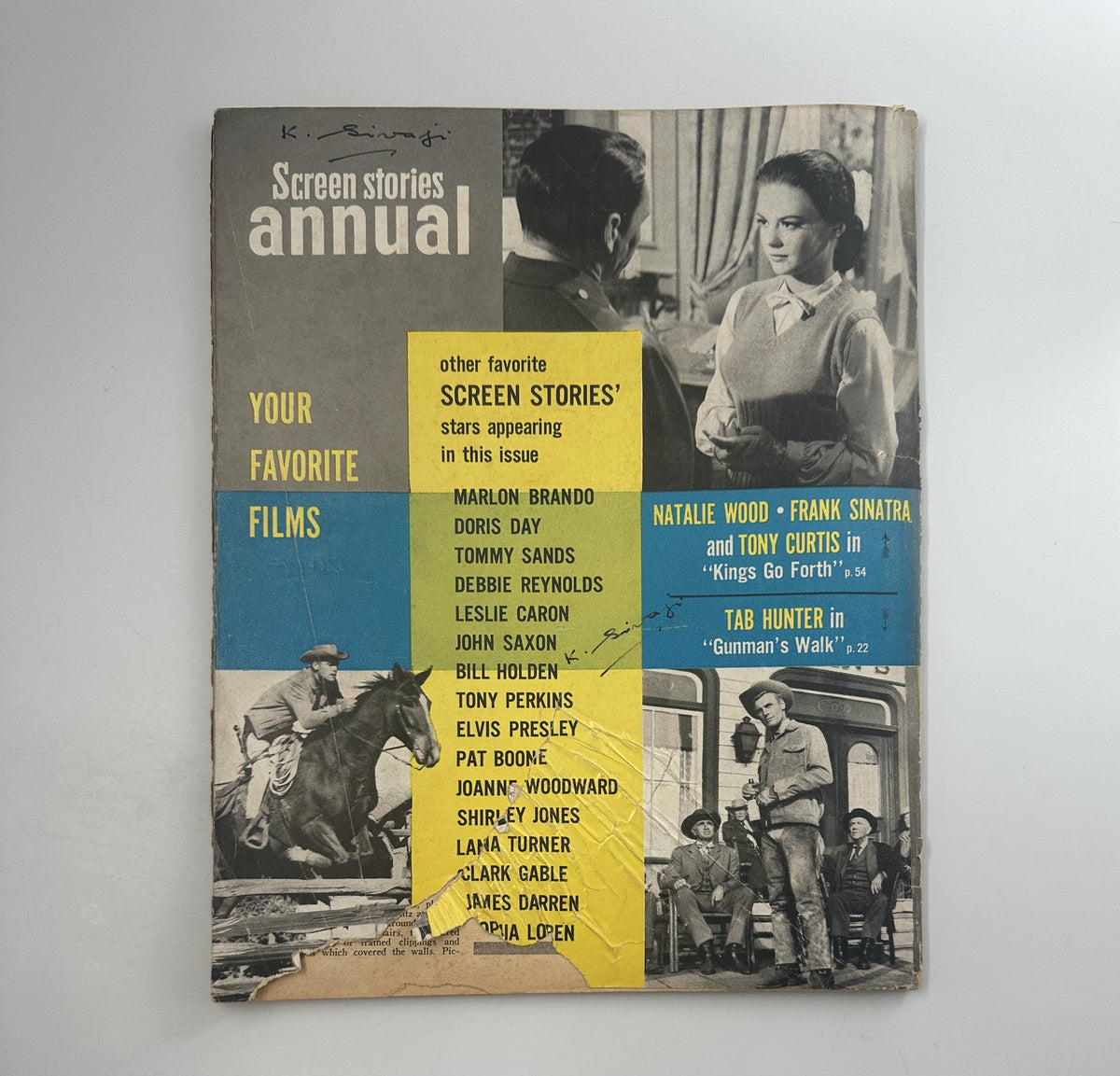 Cover of Screen Stories Magazine Annual featuring Liz Taylor and Elvis Presley in 'Jailhouse Rock'. The magazine showcases nostalgic film content with appearances from stars such as Natalie Wood, Frank Sinatra, and Debbie Reynolds, reflecting on classic films.