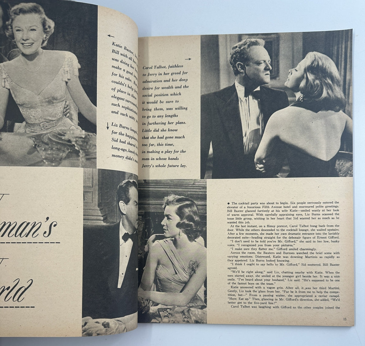 Inside pages of Screen Hits Magazine Annual 1955 featuring highlights from the movie 'Woman’s World' and images of various actors including Lauren Bacall and Clifton Webb.