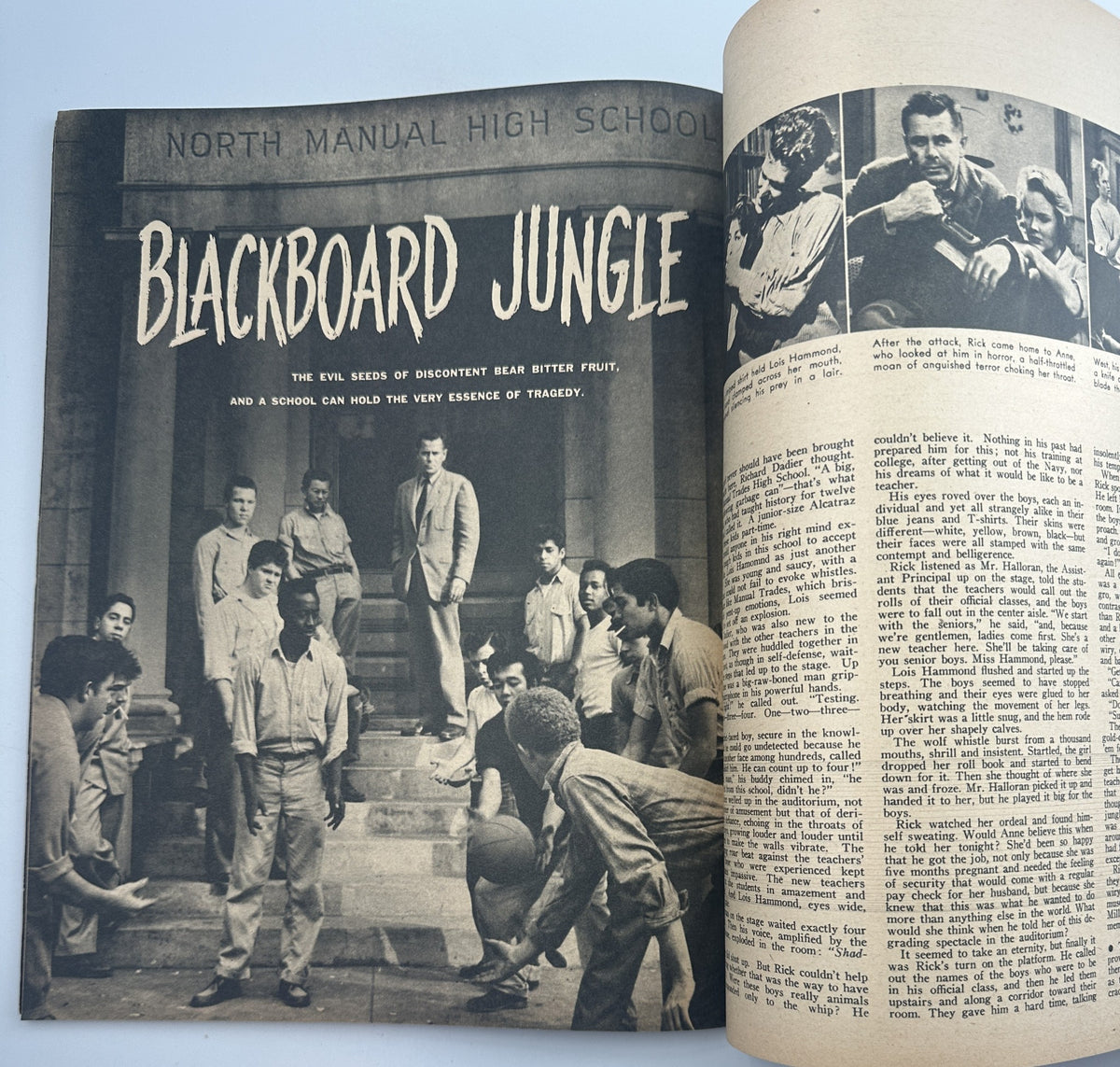 Inside page of Screen Hits Magazine Annual 1955 showcasing the article related to the film 'Blackboard Jungle', with images of the cast and a description of the movie's themes.