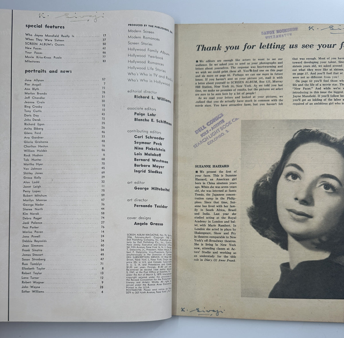 Interior page of Screen Album Magazine February 1956 displaying the Table of Contents with highlights on special features like 'Who Jayne Mansfield Really Is' and various portraits and news sections.