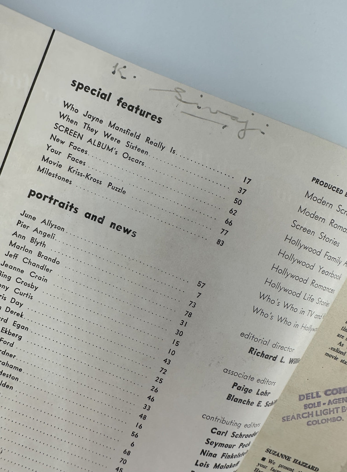 Detailed view of the Table of Contents from Screen Album Magazine February 1956, featuring listings of articles and portraits including names of celebrities and key features.
