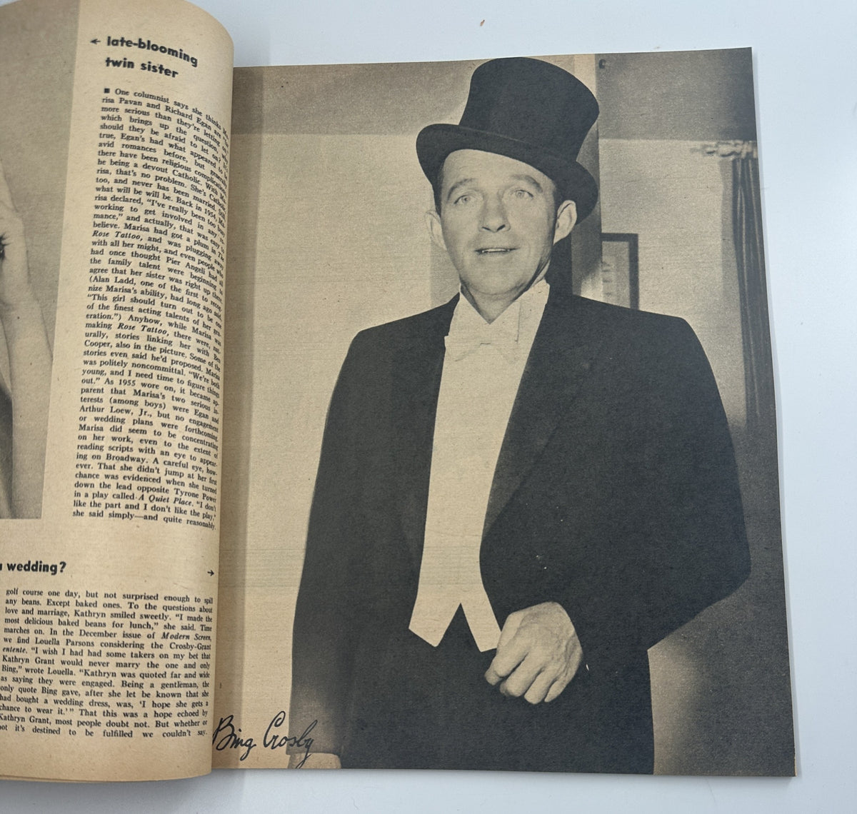 Bing Crosby featured in Screen Album Magazine, February 1956, dressed in a classic tuxedo, showcasing Hollywood's iconic styles of the era.