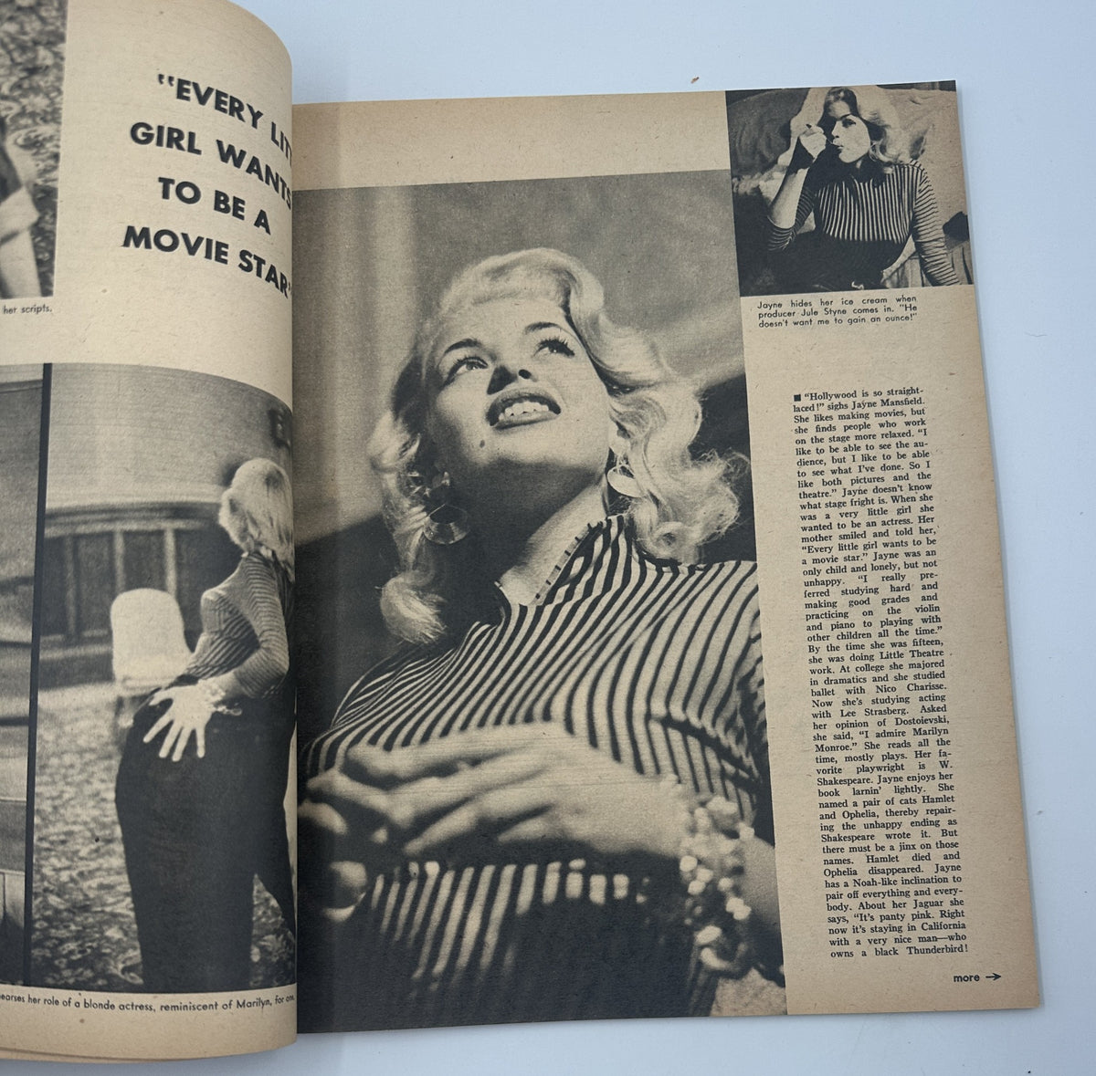 A glamorous portrait in Screen Album Magazine, February 1956, depicting a fashionable blonde woman reminiscent of Marilyn Monroe, discussing the aspirations of young actresses.