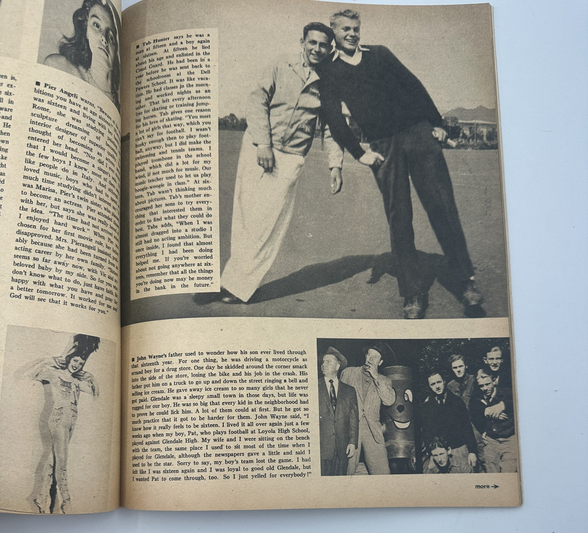 A nostalgic scene from Screen Album Magazine, February 1956, showcasing various stars enjoying leisure time, capturing the essence of Hollywood in the mid-20th century.