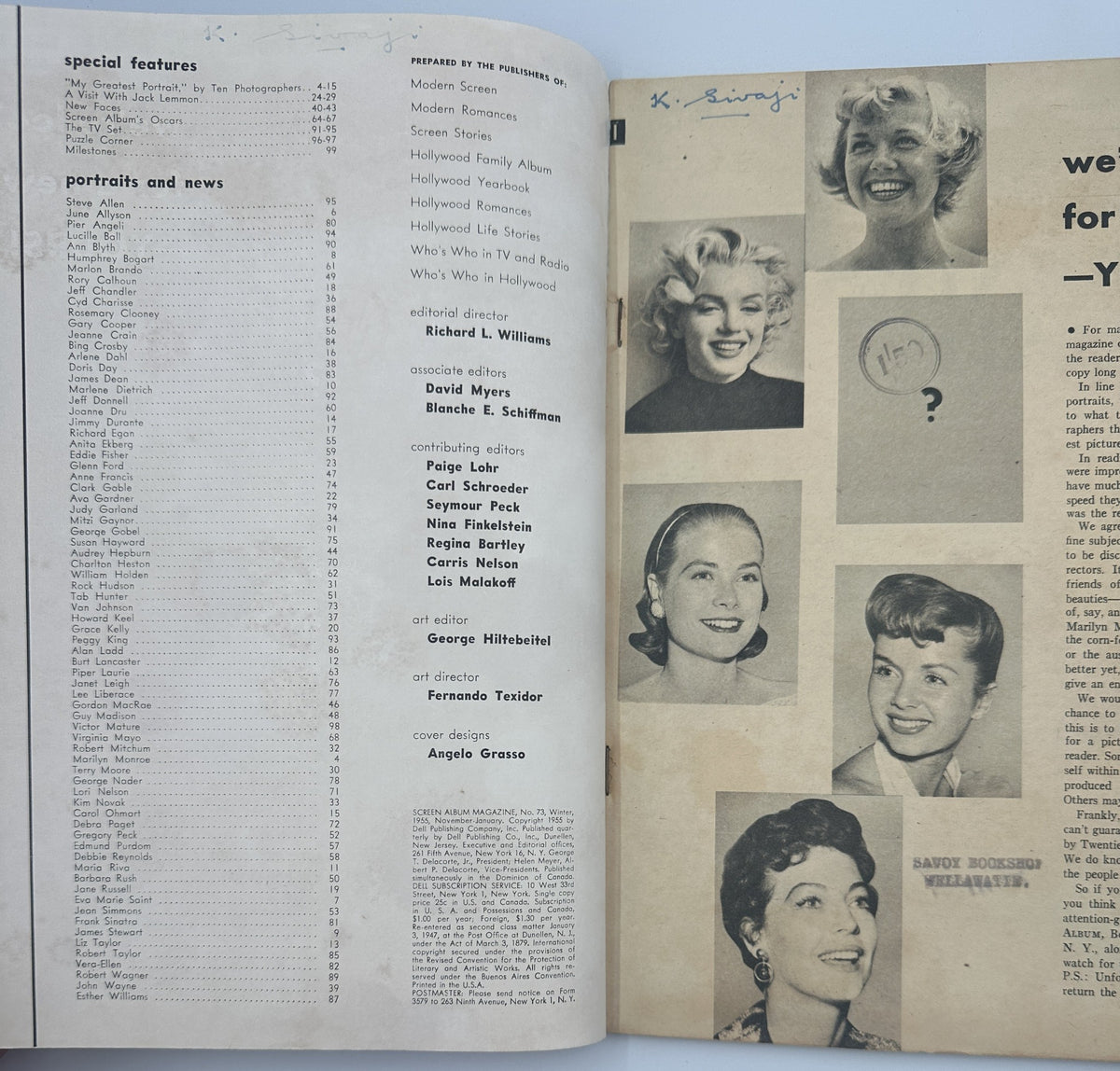 Inside spread of Screen Album Magazine, showcasing portraits and news along with a list of contributors, including notable photographers and celebrities.