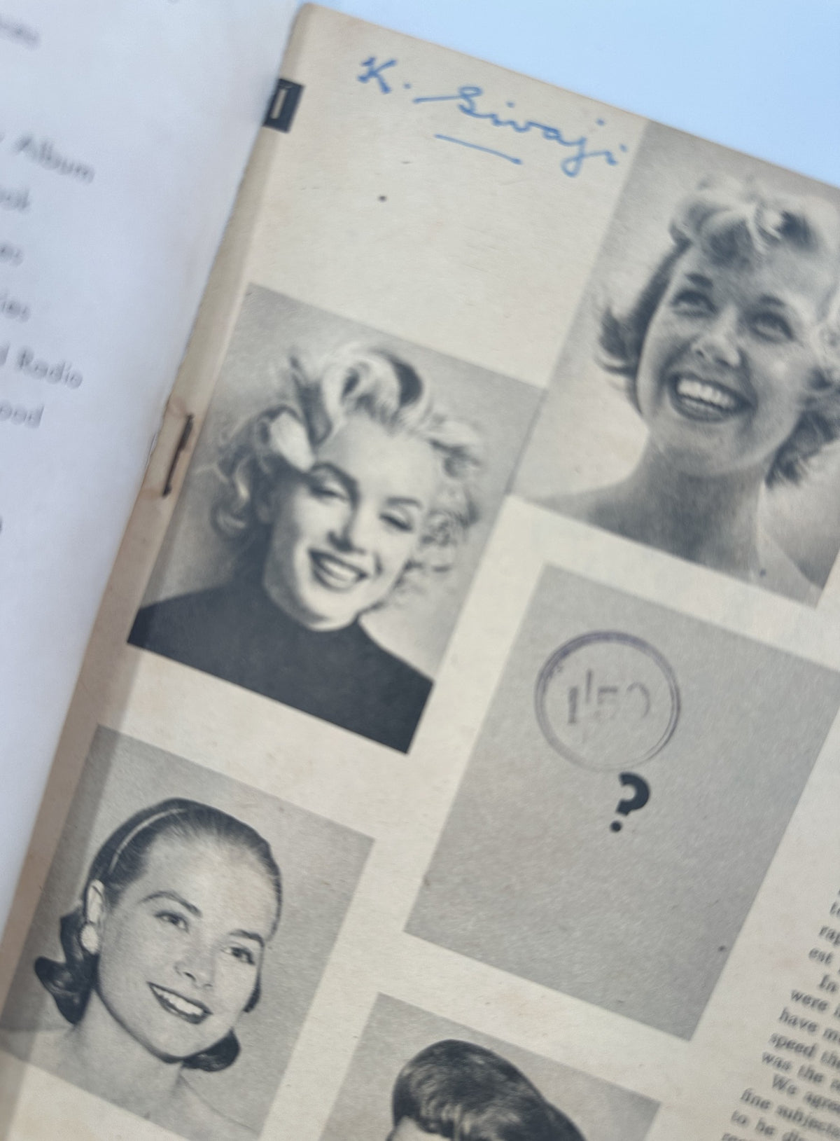 Page from Screen Album Magazine November 1955 displaying candid photographs of Marilyn Monroe and other stars, including a playful image of Marilyn Monroe smiling.