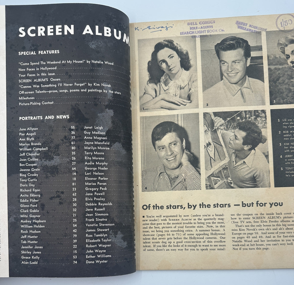 Inside pages of Screen Album Magazine, displaying the Table of Contents and notable portraits of celebrities such as June Allyson and William Campbell. Features special articles on Hollywood stars.
