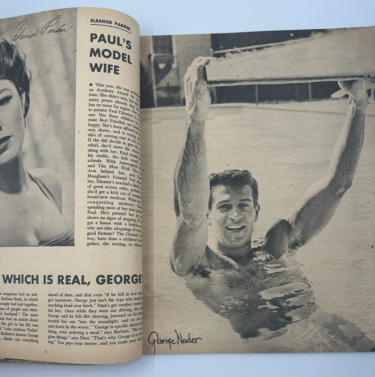 An article in Screen Album Magazine titled 'Paul's Model Wife', featuring George Nader in a swimming pool. The magazine includes discussions on various Hollywood personalities.