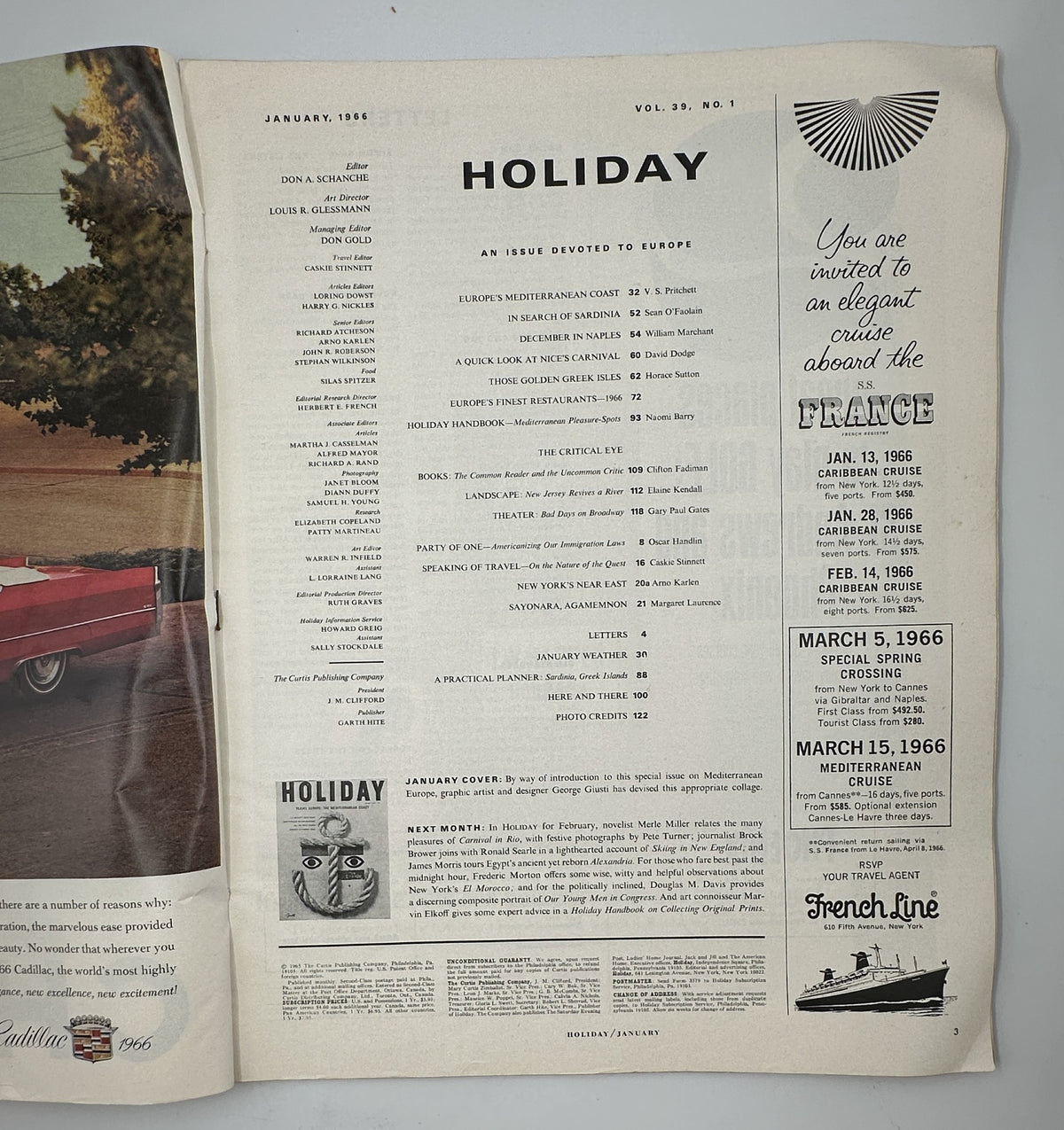 Holiday Magazine January 1966 featuring a special issue devoted to Europe, including a Table of Contents showcasing Mediterranean destinations and culture.