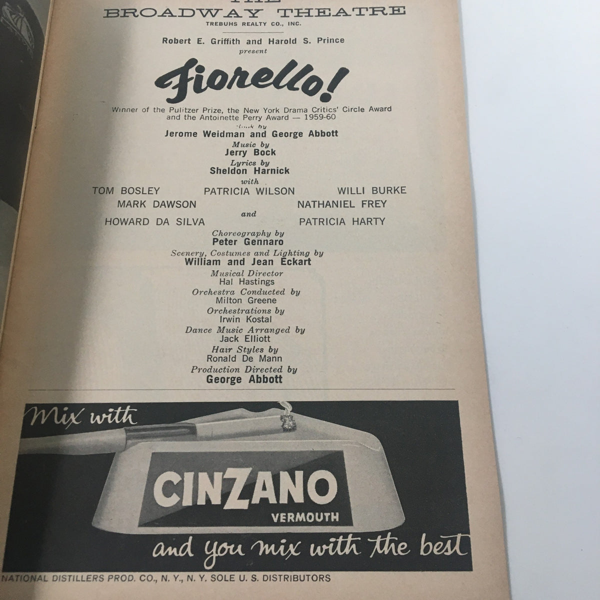 Interior page of the 1961 Playbill for Fiorello! listing cast and crew details including Tom Bosley, Willi Burke, and other key contributors.