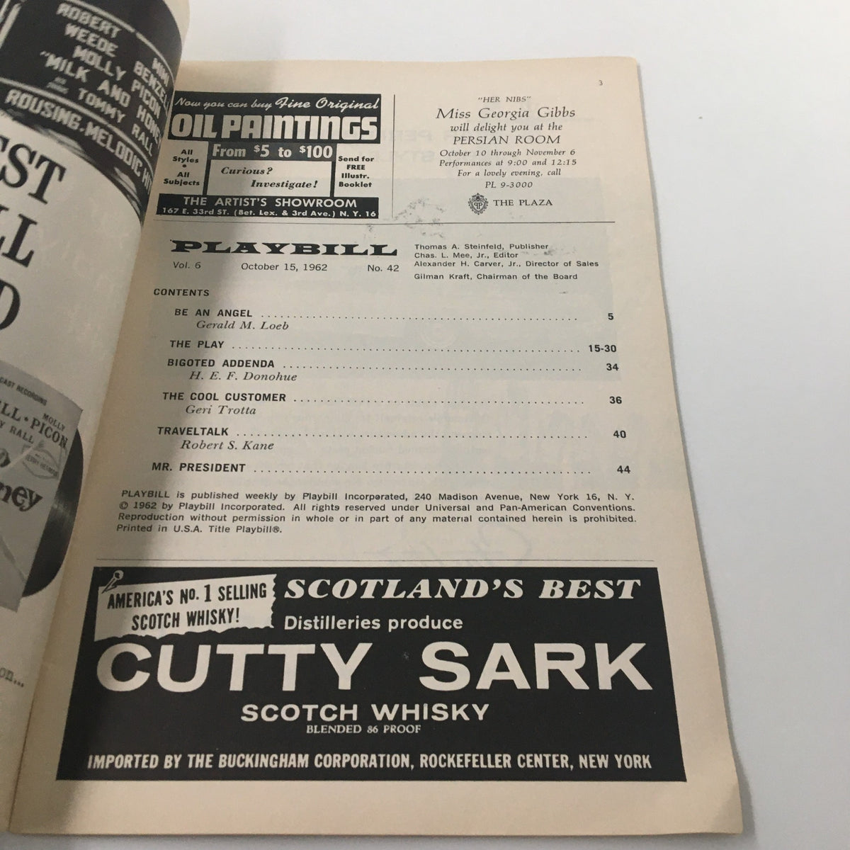 1962 Playbill for C.P. Snow's The Affair at Henry Miller's Theatre, showcasing the table of contents and advertisements from the original performance.
