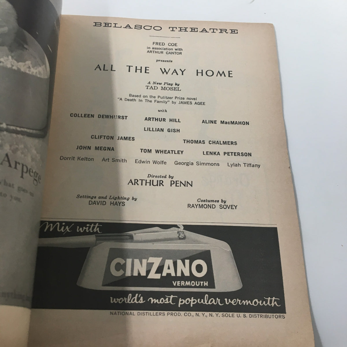 Another inside page of the 1961 Playbill from Belasco Theatre for 'All The Way Home' by Tad Mosel, featuring cast information and production credits.