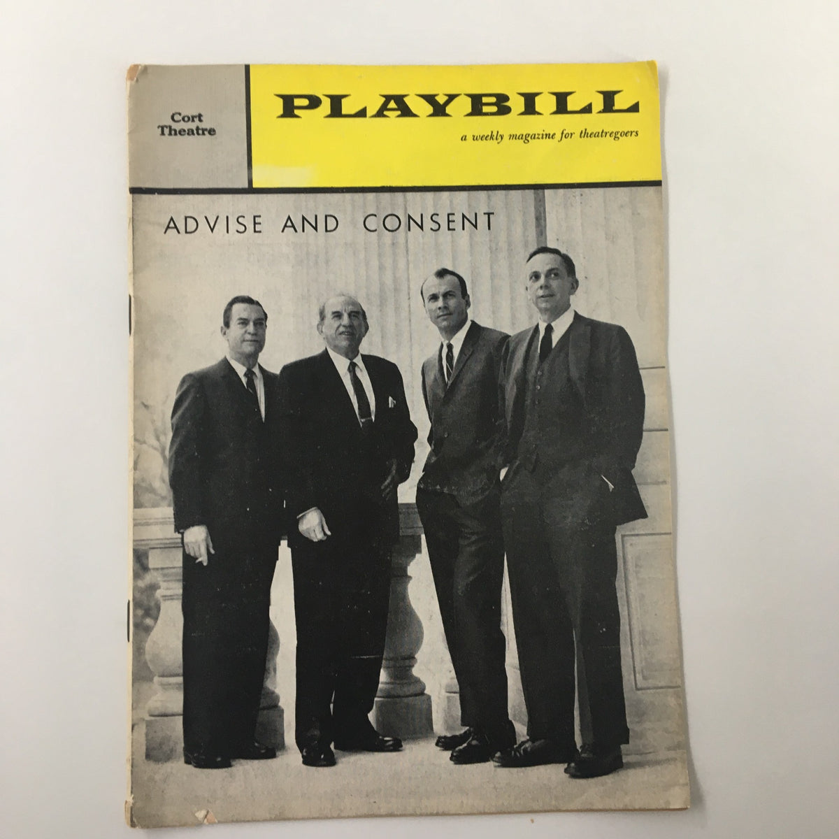 1960 Playbill for Advise and Consent at Cort Theatre, featuring Ed Begley and Richard Kiley with four men in formal attire on the cover.